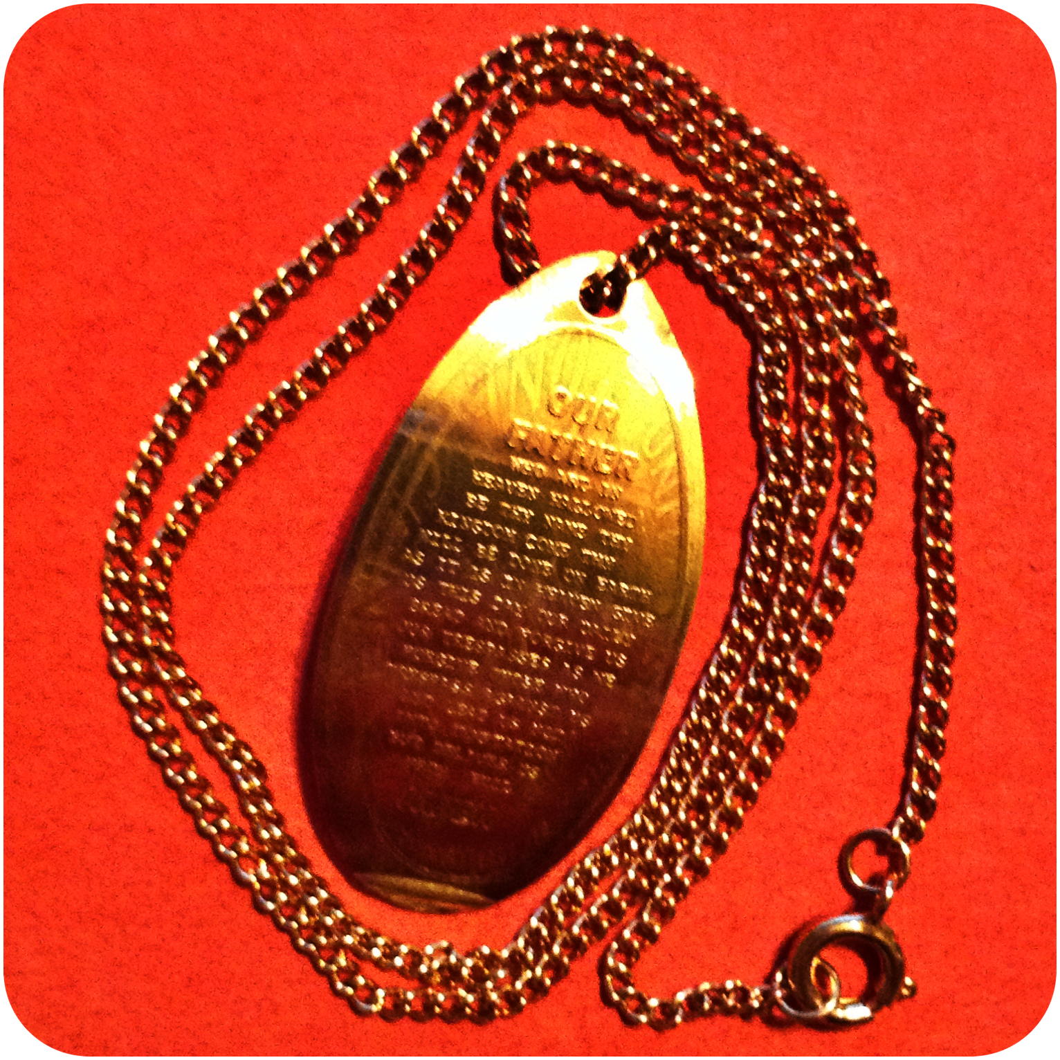 Entire Lords Prayer in Wire Border Elongated Pressed Copper Penny Charm Necklace